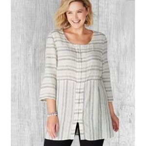 Pure Jill Women's Linen Blend‎ Striped Button Front Tunic Top Shirt Beige Gray